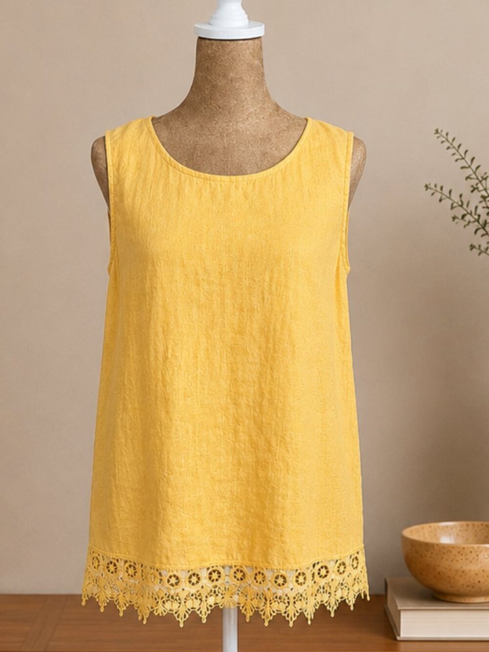 Terzo Millennio Mustard Yellow Linen Crochet Lace Hem Tank Top Size L Italy